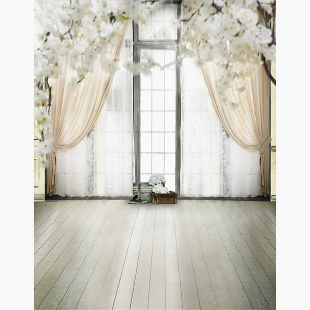 5x7ft Wooden Floor White Flowers Tree Photography Background Computer-Printed Vinyl Backdrops 